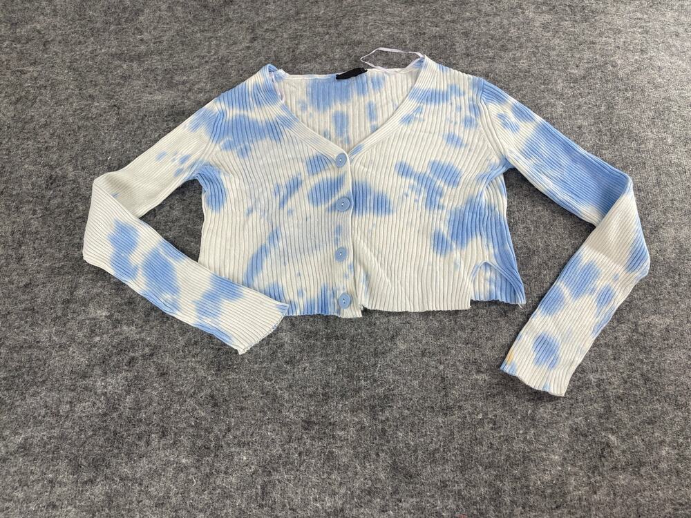 Tally Weijl Sweater Womens Medium Crop Cardigan Tie Dye Blue Button Front N327